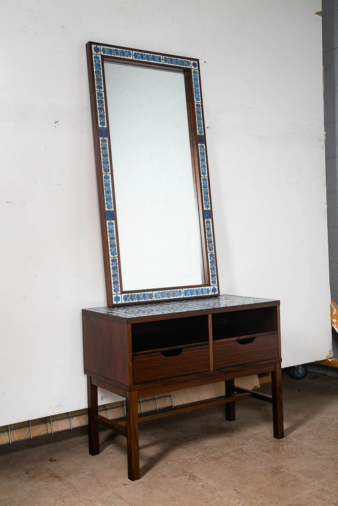 Mid Century Danish Modern End Table Vanity Mirror Rosewood Drawer Haslev Hansen - Image 2