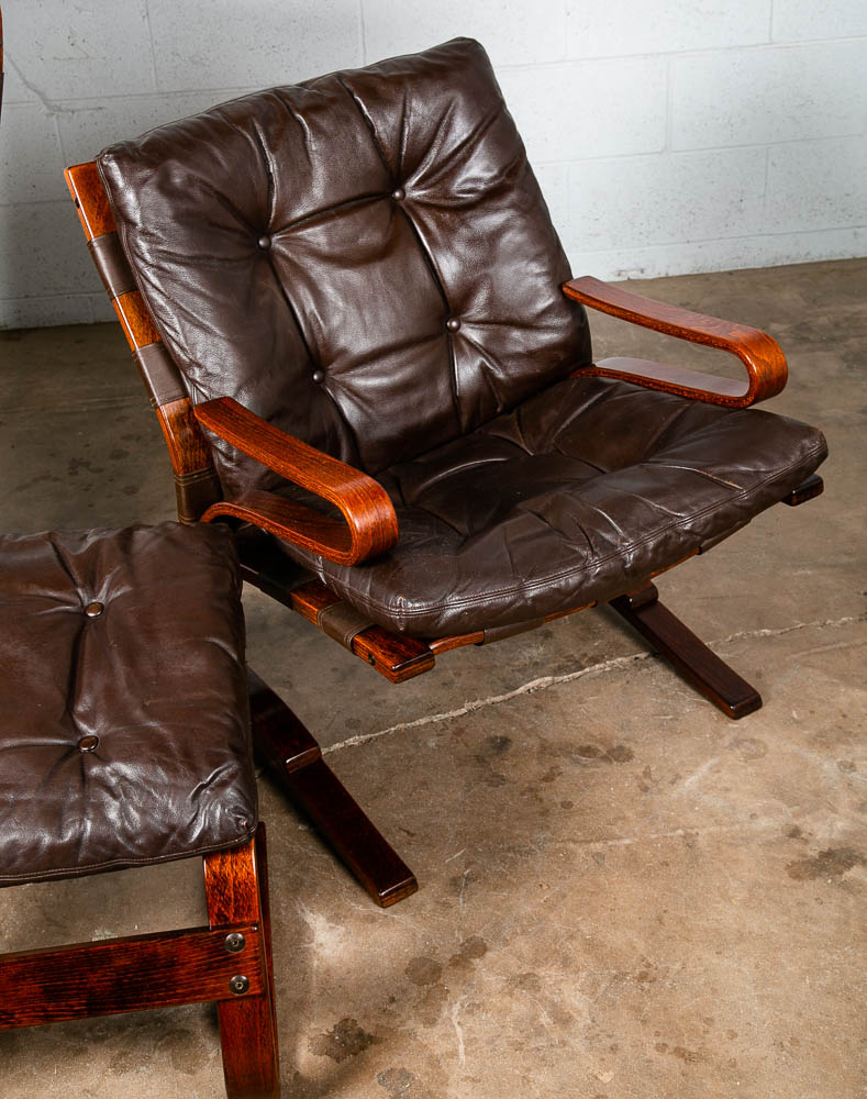 Mid Century Danish Modern Lounge Chairs Brown Leather Bentwood Ottoman Set Pair - Image 12