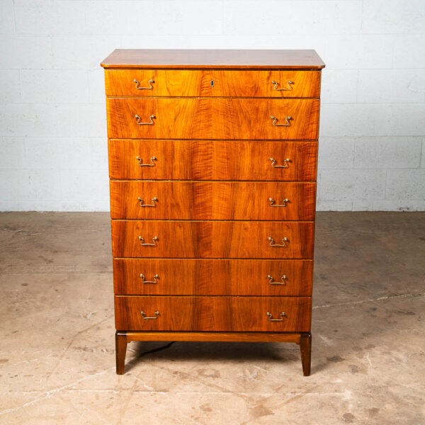 Mid Century Danish Modern Dresser Highboy Walnut Wood Denmark 7 Drawer Brass VG