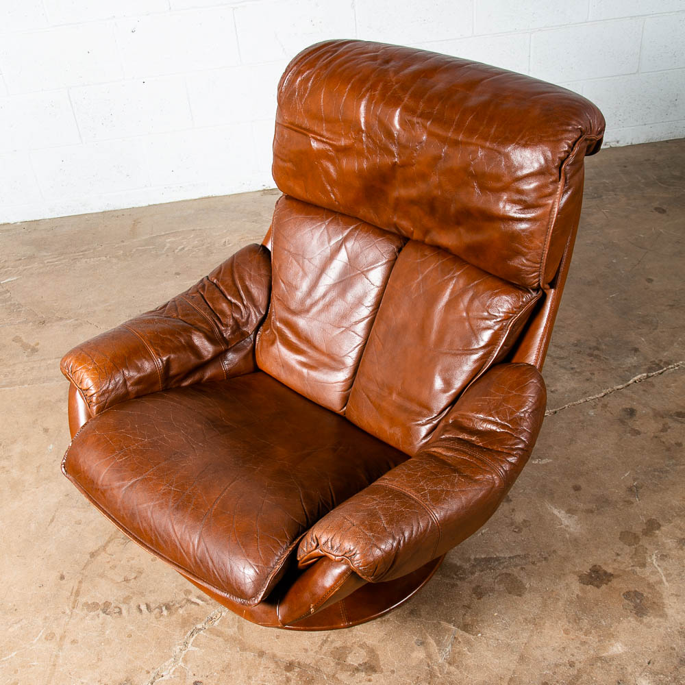 Mid Century Danish Modern Lounge Chair Brown Leather Danish Swivel Arm Artima - Image 10
