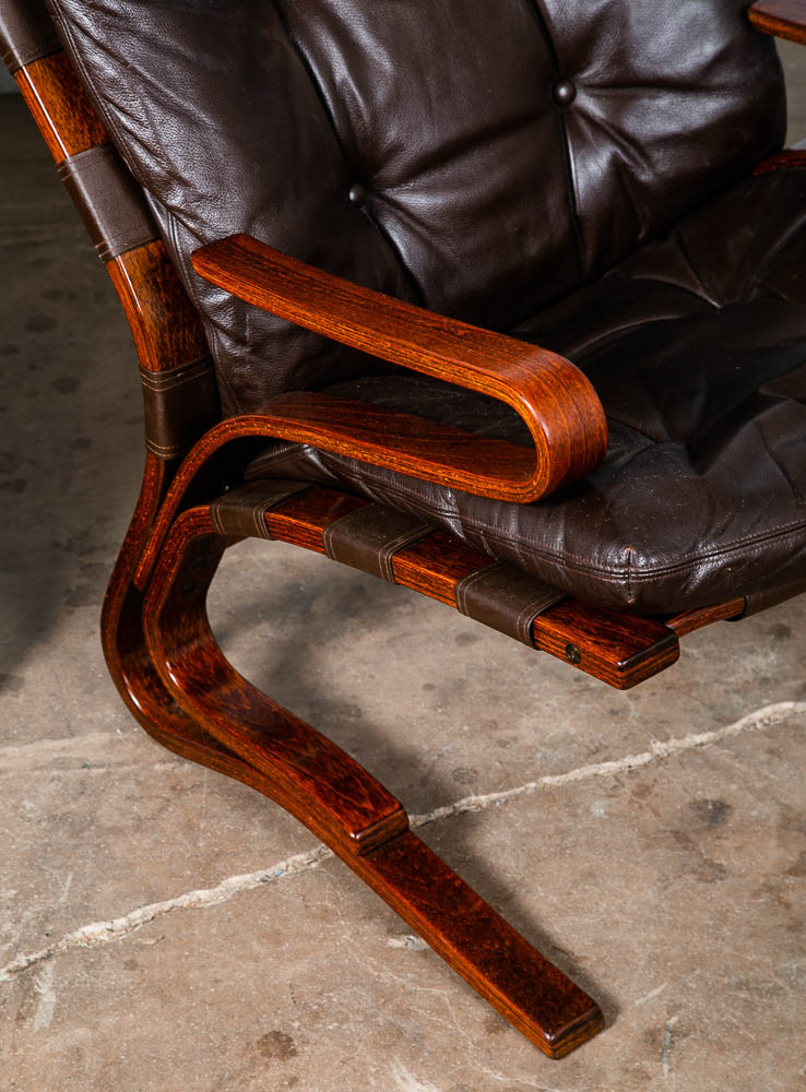 Mid Century Danish Modern Lounge Chairs Brown Leather Bentwood Ottoman Set Pair - Image 9