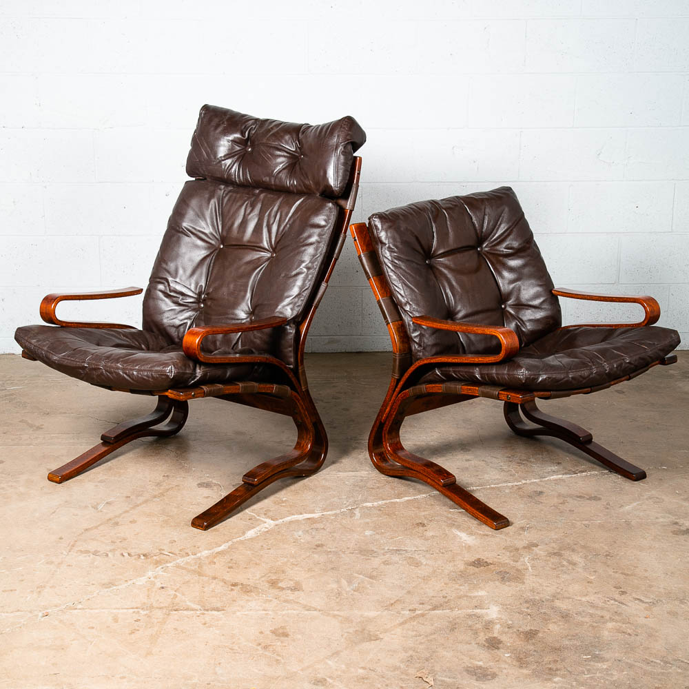 Mid Century Danish Modern Lounge Chairs Brown Leather Bentwood Ottoman Set Pair - Image 2