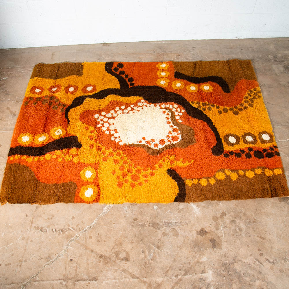 Mid Century Modern Shag Rug Ege Rya Abstract Tan White Brown Wool 72.5x57 Area - Image 2