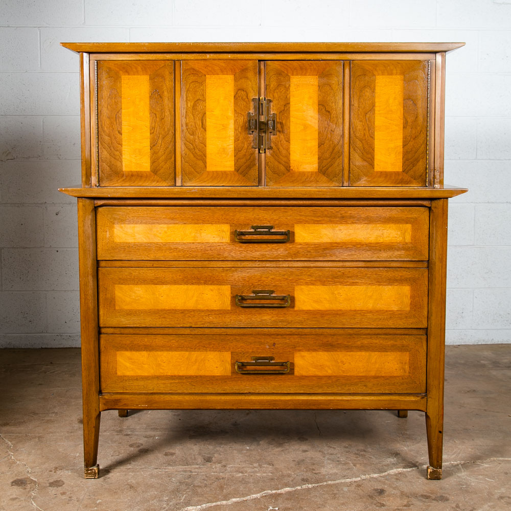 Mid Century Modern Dresser Highboy Tall Vintage Walnut Burl Brass United Shuff - Image 2
