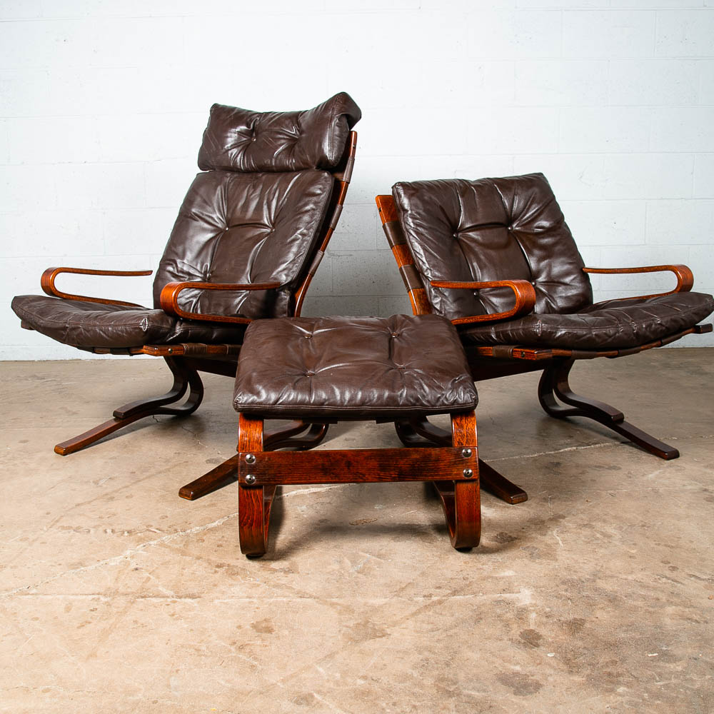 Mid Century Danish Modern Lounge Chairs Brown Leather Bentwood Ottoman Set Pair