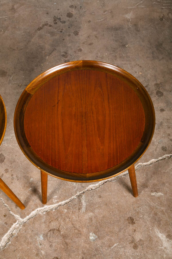 Mid Century Danish Modern End Tables Set 2 Round Side Teak Anton Kildeberg 3 Leg - Image 8