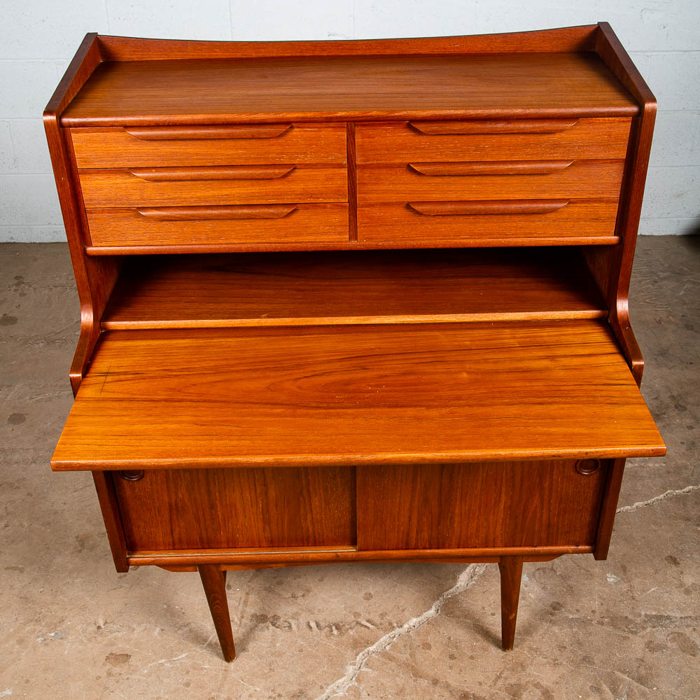 Mid Century Danish Modern Secretary Desk Teak 6 Drawer Draw Desk Denmark Shelf - Image 7
