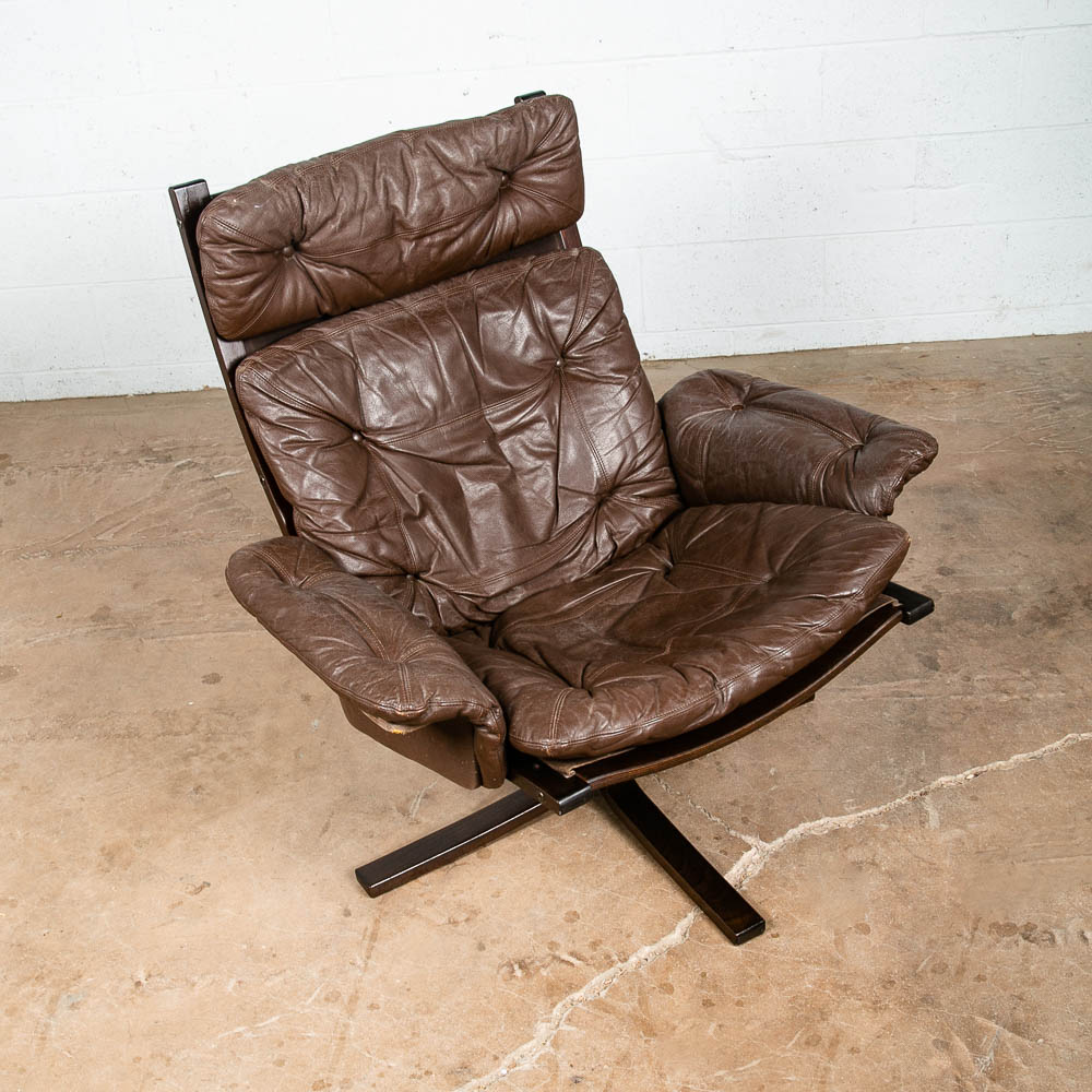 Mid Century Danish Modern Lounge Chair Brown Leather Swivel Tufted Armchair VG - Image 12