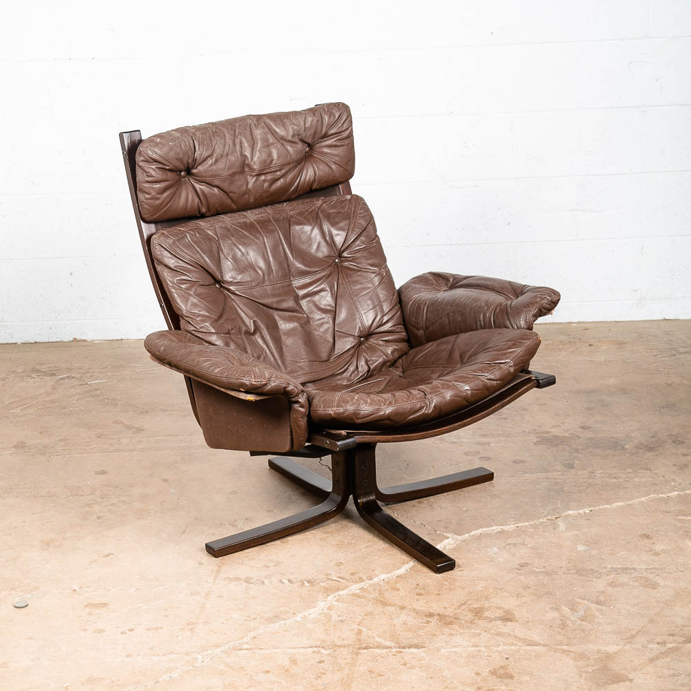 Mid Century Danish Modern Lounge Chair Brown Leather Swivel Tufted Armchair VG - Image 11