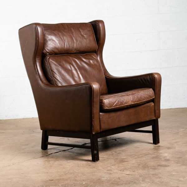 Mid Century Danish Modern Lounge Chair Wingback Brown Leather High Back Armchair