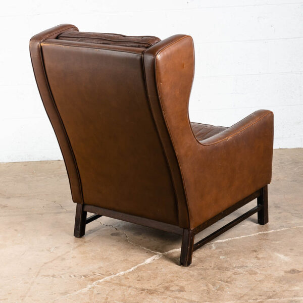 Mid Century Danish Modern Lounge Chair Wingback Brown Leather High Back Armchair - Image 3