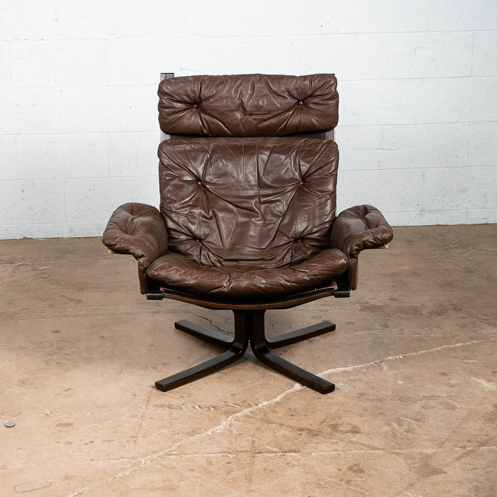 Mid Century Danish Modern Lounge Chair Brown Leather Swivel Tufted Armchair VG - Image 3