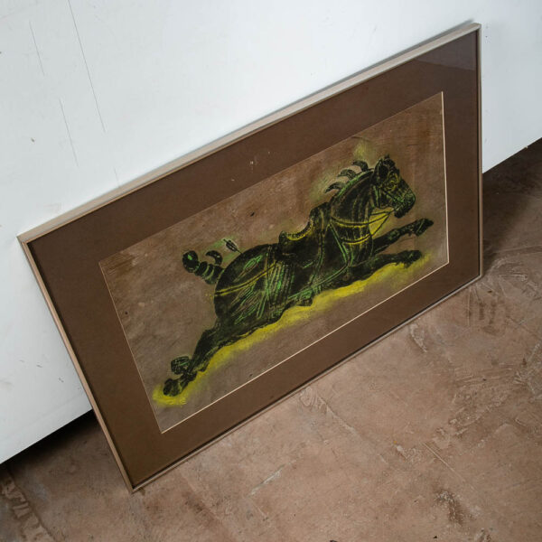 Mid Century Modern Art Charcoal Pencil Horse Green Black Yellow Framed Glass Mcm - Image 4