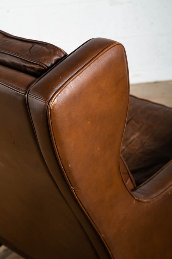 Mid Century Danish Modern Lounge Chair Wingback Brown Leather High Back Armchair - Image 7