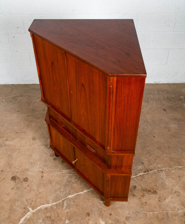Mid Century Danish Modern Corner Cabinet Teak Wood Bar Denmark Drawers Locking - Image 3