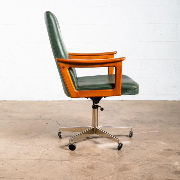 Mid Century Modern Executive Chair Green Leather Office Work Swivel Hong Teak - Image 3