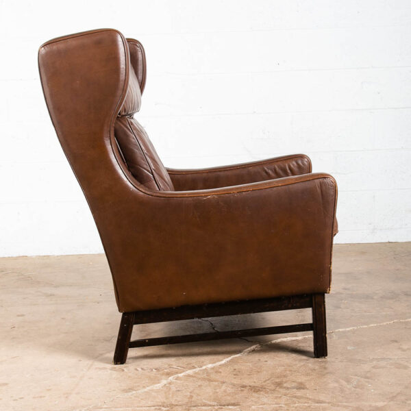 Mid Century Danish Modern Lounge Chair Wingback Brown Leather High Back Armchair - Image 2