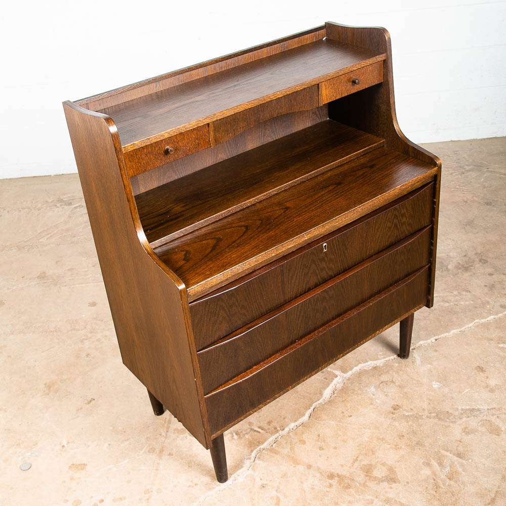 Mid Century Danish Modern Secretary Desk Ebonized Oak Black Mirror Vanity Chest - Image 12