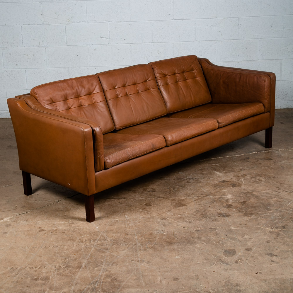 Mid Century Danish Modern Sofa Couch Brown Leather 3 seater Denmark Vintage Mcm - Image 2