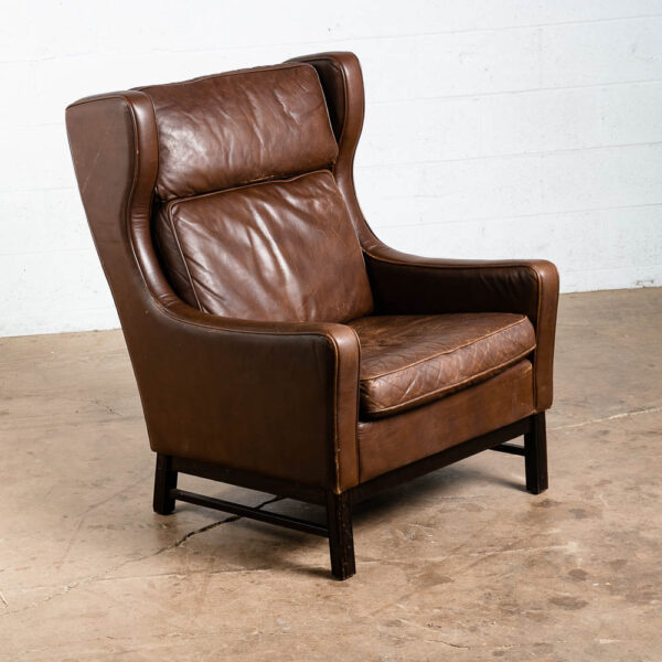 Mid Century Danish Modern Lounge Chair Wingback Brown Leather High Back Armchair - Image 4