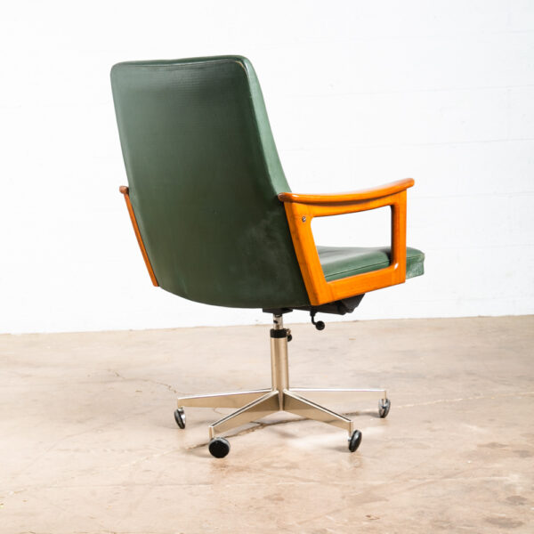 Mid Century Modern Executive Chair Green Leather Office Work Swivel Hong Teak - Image 2