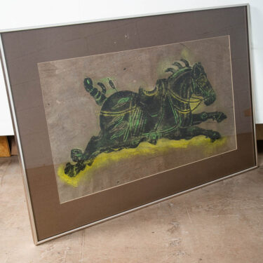 Mid Century Modern Art Charcoal Pencil Horse Green Black Yellow Framed Glass Mcm