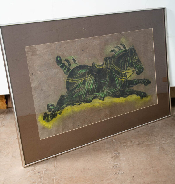 Mid Century Modern Art Charcoal Pencil Horse Green Black Yellow Framed Glass Mcm