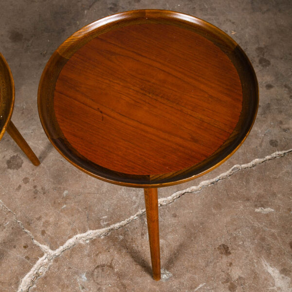 Mid Century Danish Modern End Tables Set 2 Round Side Teak Anton Kildeberg 3 Leg - Image 9