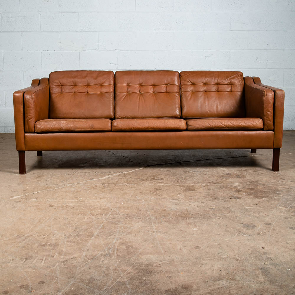 Mid Century Danish Modern Sofa Couch Brown Leather 3 seater Denmark Vintage Mcm