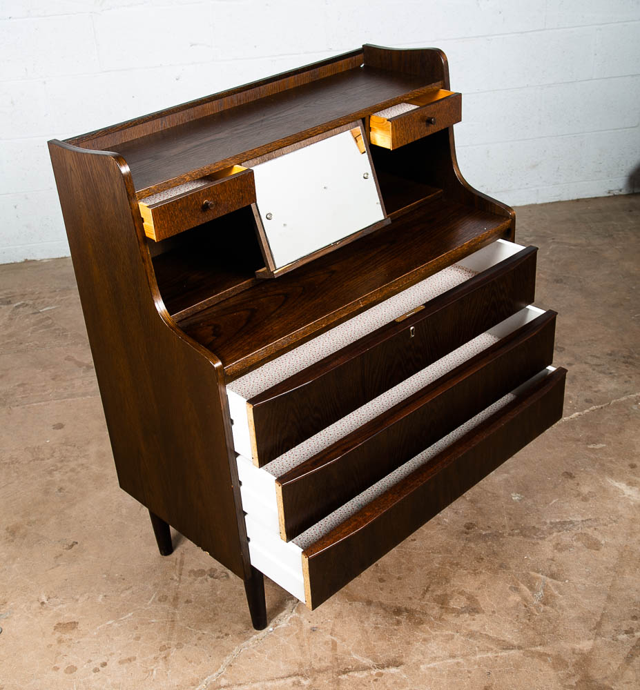 Mid Century Danish Modern Secretary Desk Ebonized Oak Black Mirror Vanity Chest - Image 7