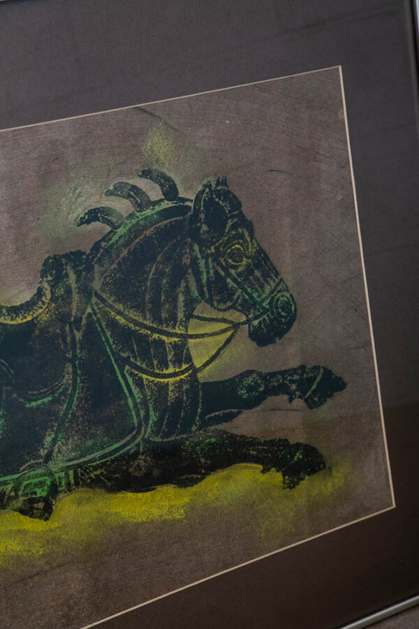 Mid Century Modern Art Charcoal Pencil Horse Green Black Yellow Framed Glass Mcm - Image 8