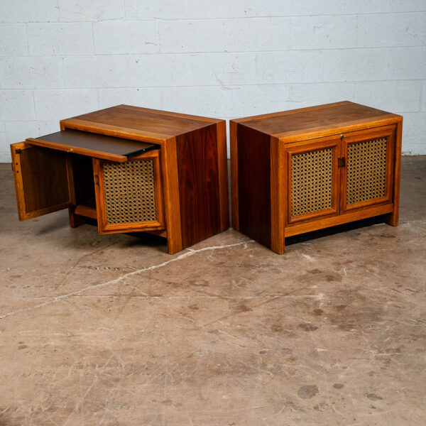 Mid Century Modern Nightstands End Side Tables Cane Walnut Oak Founders Cabinet - Image 3