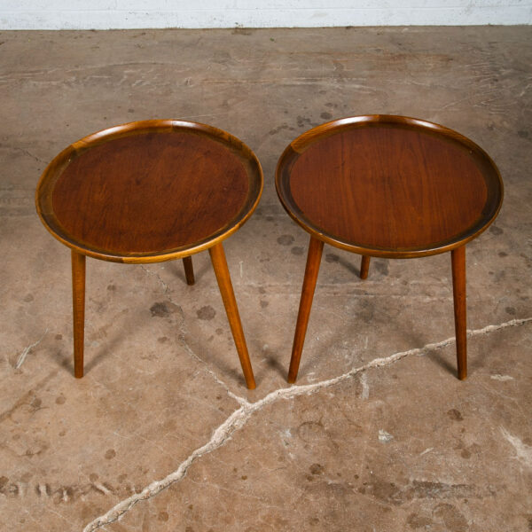 Mid Century Danish Modern End Tables Set 2 Round Side Teak Anton Kildeberg 3 Leg