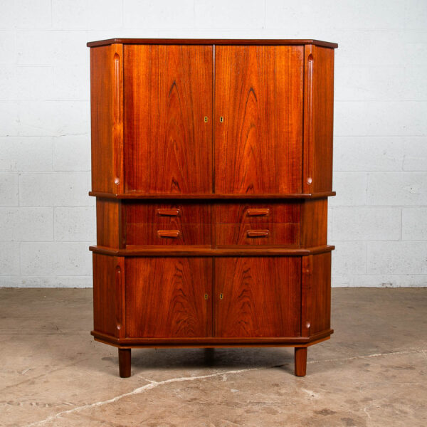 Mid Century Danish Modern Corner Cabinet Teak Wood Bar Denmark Drawers Locking