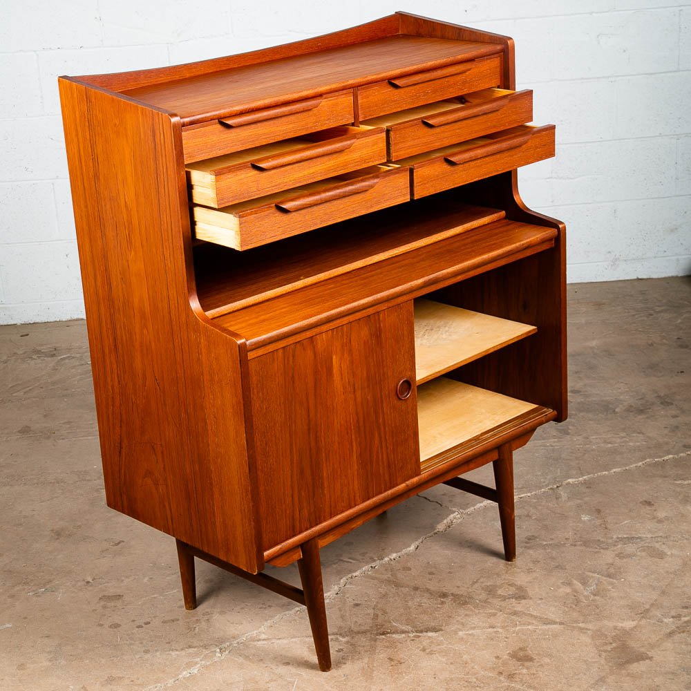 Mid Century Danish Modern Secretary Desk Teak 6 Drawer Draw Desk Denmark Shelf - Image 4
