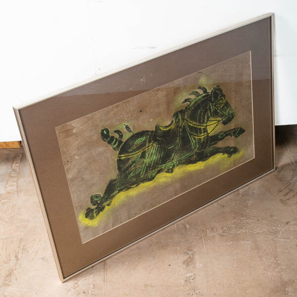 Mid Century Modern Art Charcoal Pencil Horse Green Black Yellow Framed Glass Mcm - Image 2