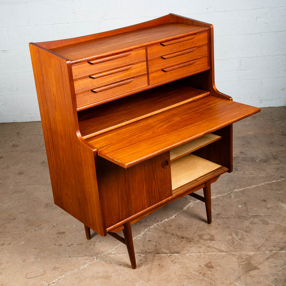Mid Century Danish Modern Secretary Desk Teak 6 Drawer Draw Desk Denmark Shelf - Image 3