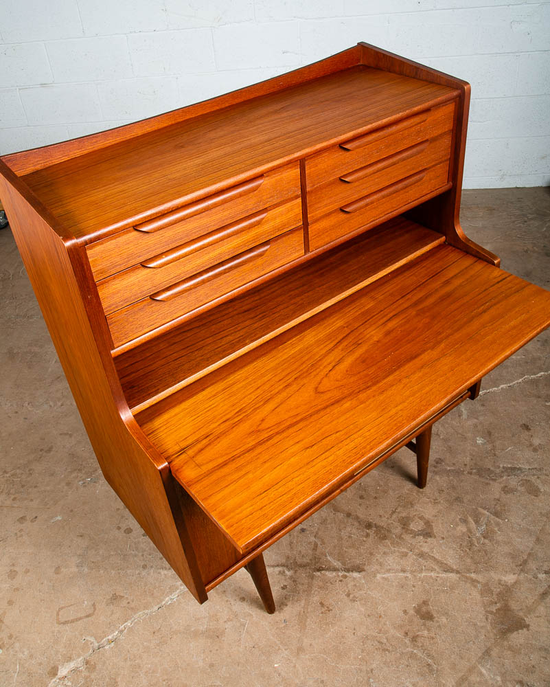 Mid Century Danish Modern Secretary Desk Teak 6 Drawer Draw Desk Denmark Shelf - Image 5