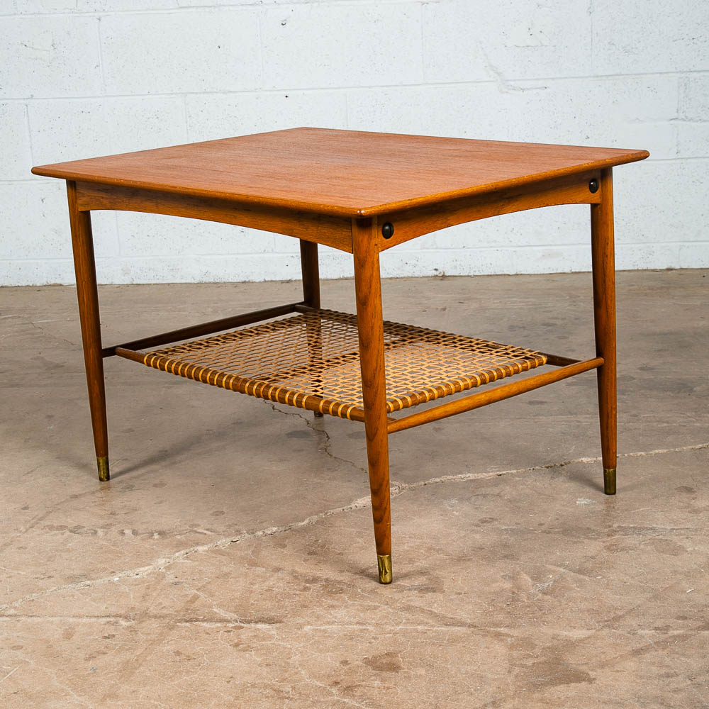 Mid Century Danish Modern Side Table End Dux Teak Oak Sweden Denmark Cane Shelf - Image 3