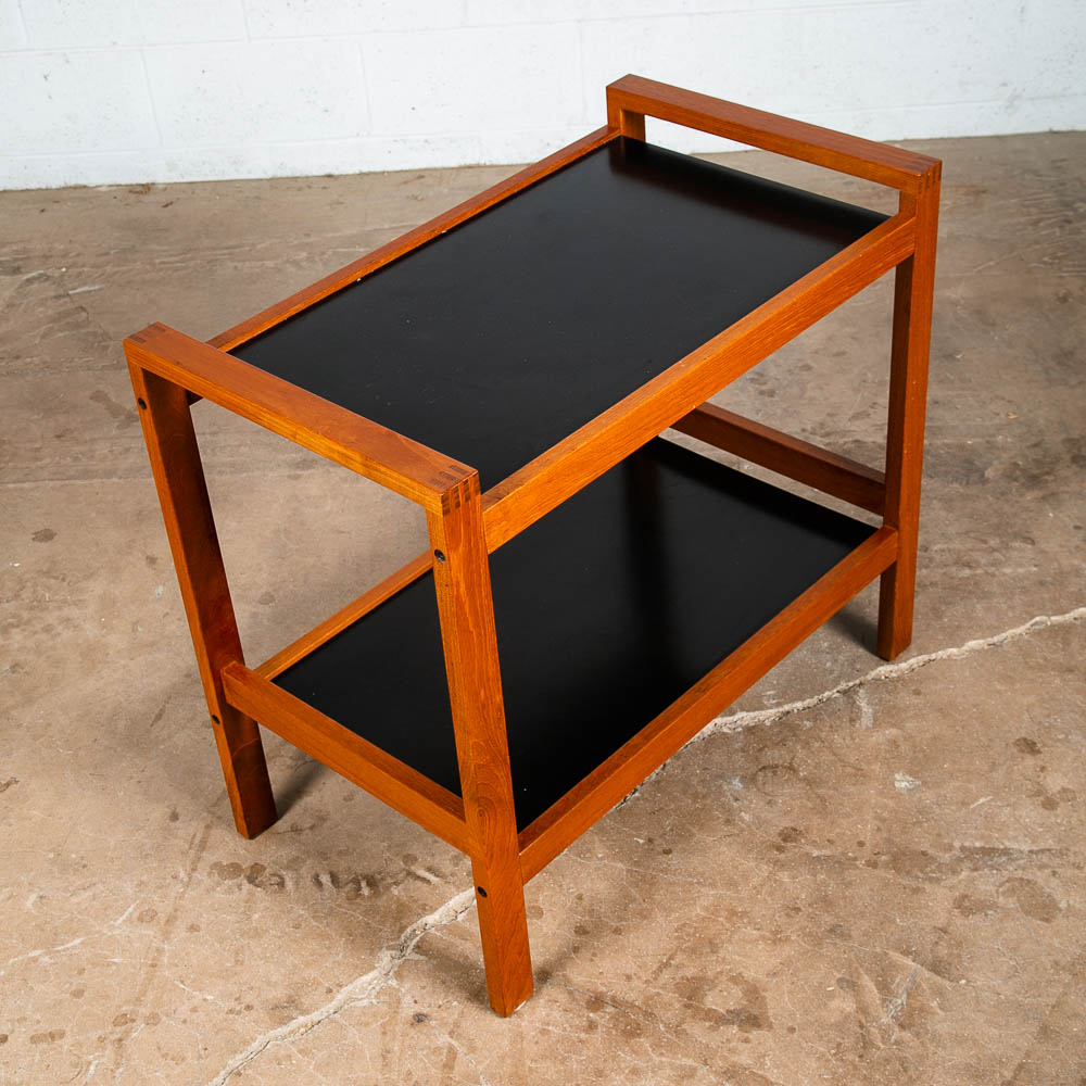 Mid Century Modern Serving Cart Trolley Rolling Tray Black Table Solid Teak Mcm