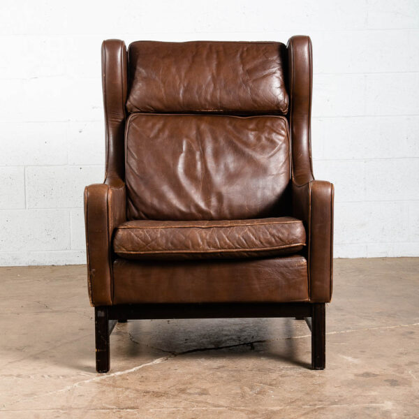 Mid Century Danish Modern Lounge Chair Wingback Brown Leather High Back Armchair - Image 5