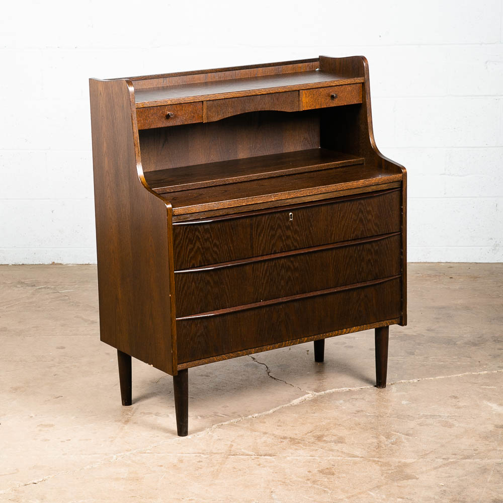 Mid Century Danish Modern Secretary Desk Ebonized Oak Black Mirror Vanity Chest - Image 5