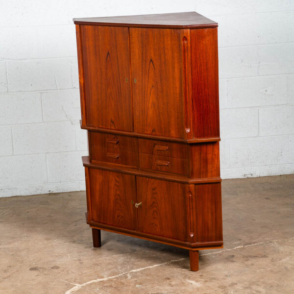 Mid Century Danish Modern Corner Cabinet Teak Wood Bar Denmark Drawers Locking - Image 2