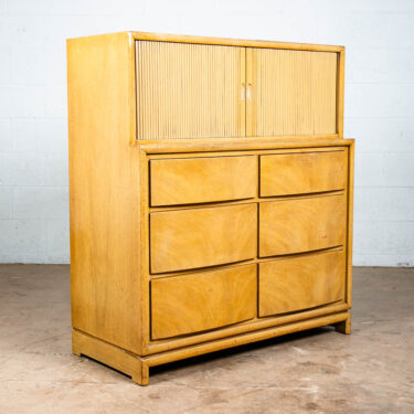 Mid Century Modern Highboy Dresser Blonde Birch 6 Drawer Vintage Tambour Doors