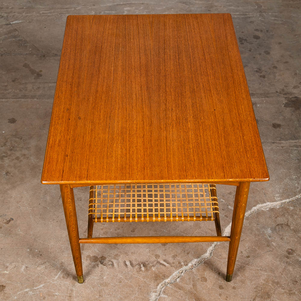 Mid Century Danish Modern Side Table End Dux Teak Oak Sweden Denmark Cane Shelf - Image 2