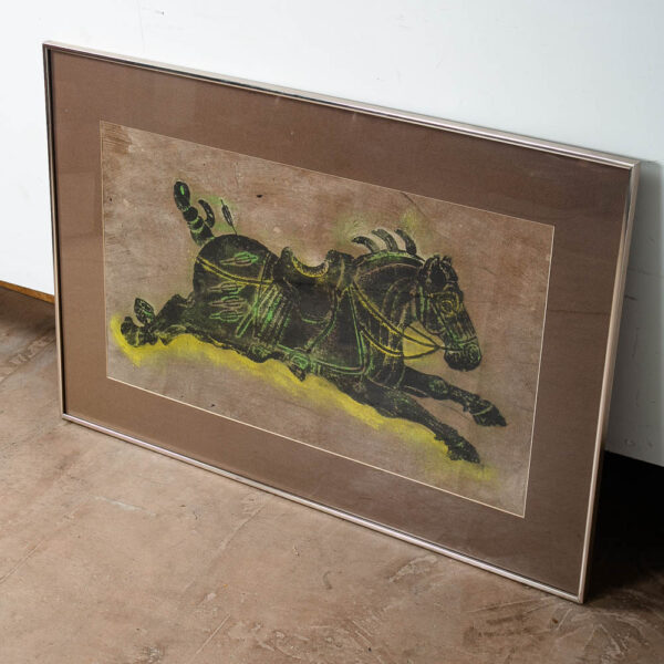 Mid Century Modern Art Charcoal Pencil Horse Green Black Yellow Framed Glass Mcm - Image 3