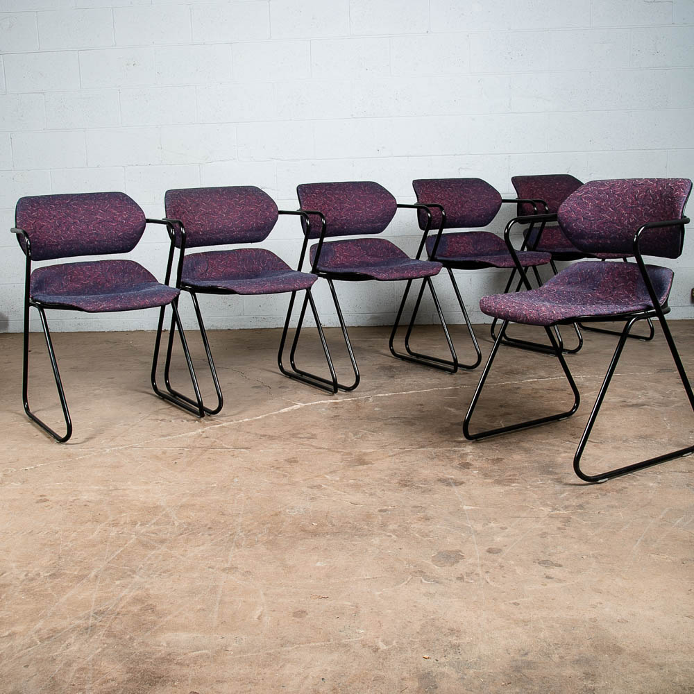 Mid Century Modern Side Chairs Set 6 Stacking Acton Stacker 80s Purple Metal - Image 9
