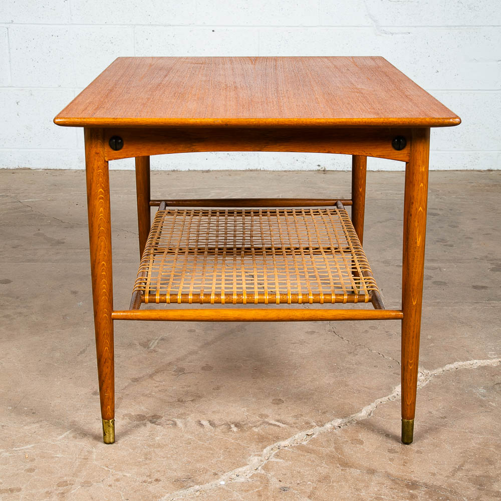 Mid Century Danish Modern Side Table End Dux Teak Oak Sweden Denmark Cane Shelf - Image 4