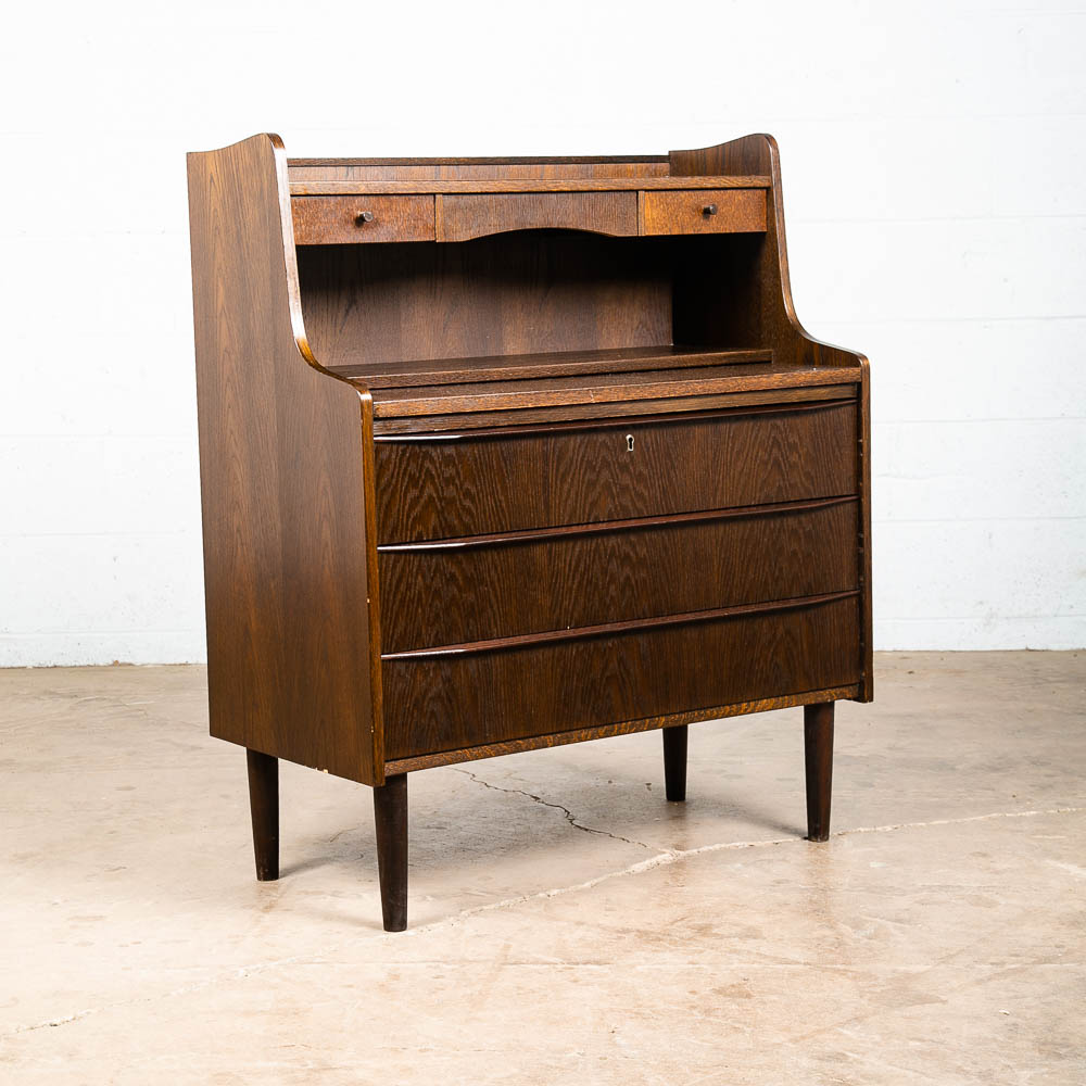 Mid Century Danish Modern Secretary Desk Ebonized Oak Black Mirror Vanity Chest