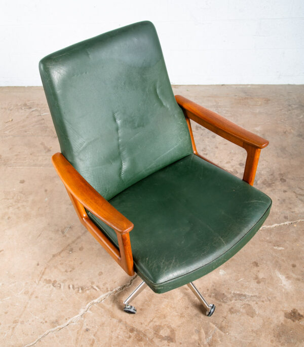 Mid Century Modern Executive Chair Green Leather Office Work Swivel Hong Teak - Image 6